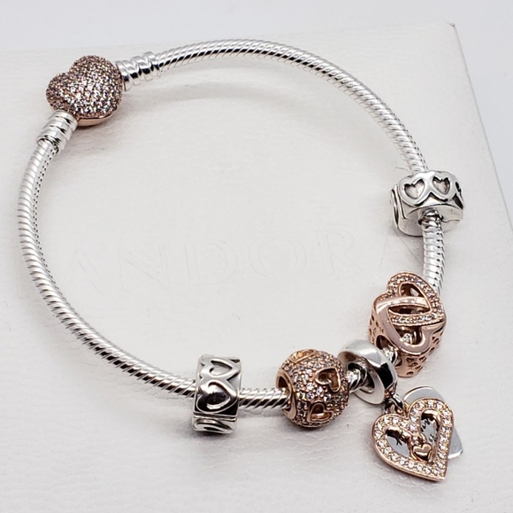 ❤️ 6pc Authentic Pandora TWO TONE LOVE BRACELET GIFT 🎁 SET - Picture 3 of 13